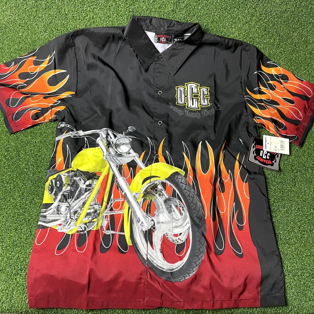 Orange County Choppers Black All Over Print Motorcycle Button Up Shirt Sz 16/18